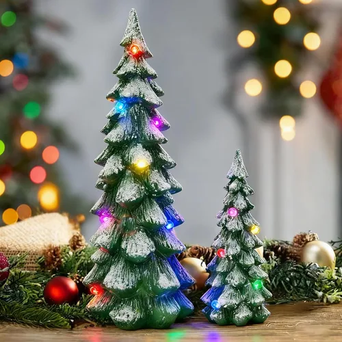 Vista 2 de WDS WONDROUS - Figura de árbol de Navidad verde iluminado, 2 piezas de árboles de Navidad with Lights, Xmas Tree Figurines for Tabletop Mantel Shelf