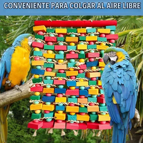 Vista 6 de Juguetes de pájaros extra grandes para guacamayos, bloques de madera multicolor juguete para masticar pájaros, jaula de loro, juguete de mordida