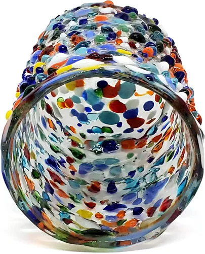 Vista 7 de Confetti Rocks - Vasos de 10 onzas (juego de 6) Vasos soplados a mano, vasos de cristalería mexicana multicolor para agua, jugo, margaritas