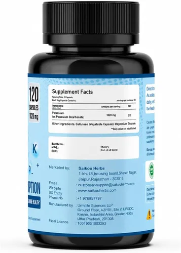 Vista 3 de Suplemento de potasio 1020 mg de bicarbonato de potasio de alta absorción, 120 cápsulas que apoya el equilibrio de electrolitos, la salud renal