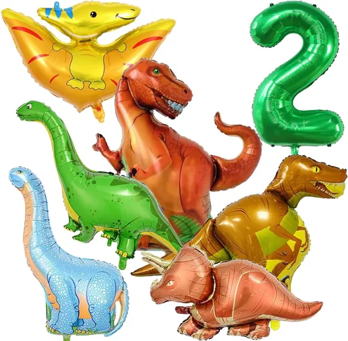 Vista 8 de Juego de 7 globos de dinosaurio, globos de número 3 de 40 pulgadas, 6 globos de dinosaurio, suministros de fiesta temática de dinosaurios