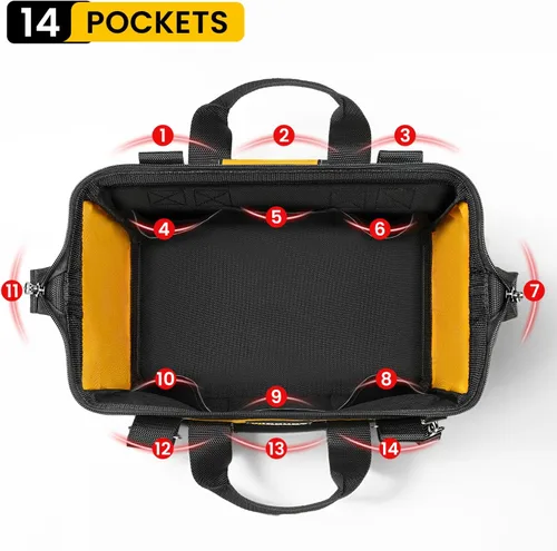 Vista 4 de WINHUNT Bolsa de herramientas premium, 14 bolsillos, 18 pulgadas, negro/amarillo, correa de hombro ajustable