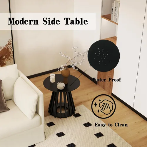 Vista 8 de DUOMAY Mesa auxiliar redonda moderna con base geométrica, mesa auxiliar de madera natural para sala de estar, dormitorio, sala de estar, oficina