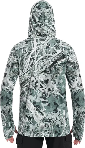 Vista 2 de FISHEAL Camisas de caza para hombre con máscara UPF 50+ Camo Manga Larga Pesca Sudadera con Capucha con Cordón Ajustable