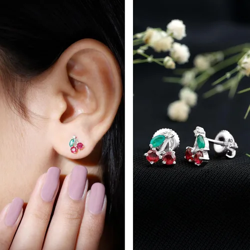 Vista 11 de Aretes de cereza esmeralda y rubí natural para mujer, calidad AAA certificada, aretes de tuerca de cereza roja