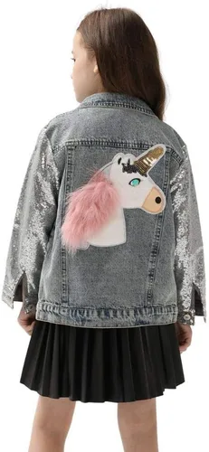 Vista 6 de WELAKEN Chaqueta de mezclilla de unicornio para niñas y niños pequeños con manga brillante, traje de primavera para niñas, chaquetas de mezclilla