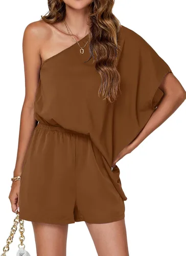 Vista 3 de Umenlele Blusa de manga de murciélago con un hombro para mujer, overol corto