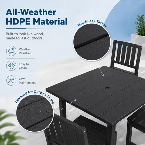 Vista 7 de Juego de comedor al aire libre HDPE para 4, mesa cuadrada y Negro