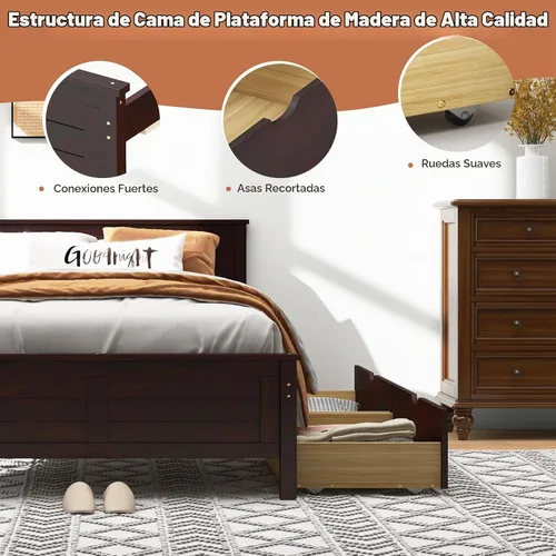 Vista 7 de GOFLAME - Base de cama tamaño individual con 2 cajones, base de plataforma con cabecera y estribo de madera maciza, listones de madera para soporte