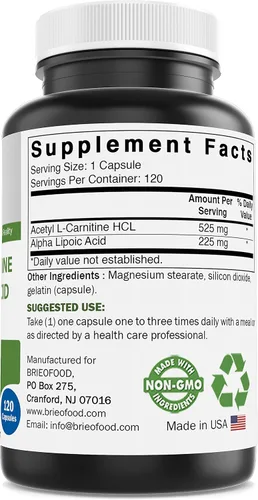 Vista 3 de Brieofood Acido acetil L-carnitina alfa lipoico (ALA ALC) 750 mg 120 Cápsulas