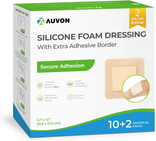 Vista 12 de AUVON Apósito de espuma de silicona con borde adhesivo grande, 3 x 3 pulgadas, 10 paquetes de vendajes para heridas con alta absorbencia, apósitos