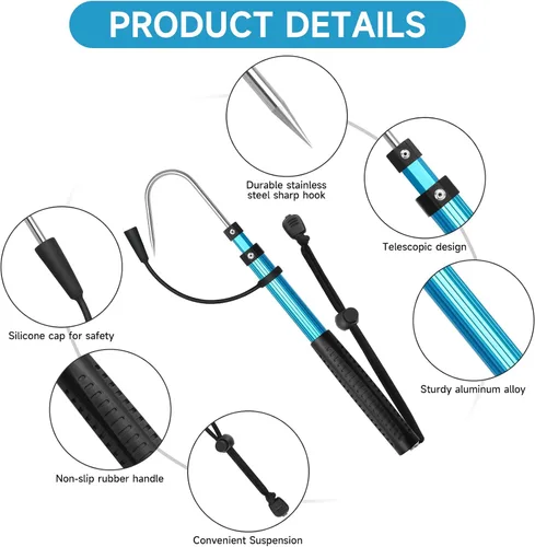 Vista 3 de SANLIKE Telescopic Fishing Gaff Aluminum Pole with Nonslip Rubber Handle Stainless Steel M8 Screw Hook Azul