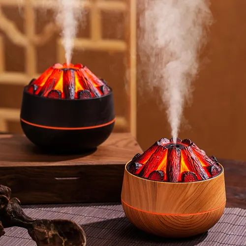 Vista 4 de Humidificador simulado de fuego de carbono de gran capacidad para oficina, diseño de fuego de carbón de leña USB, humidificador de escritorio