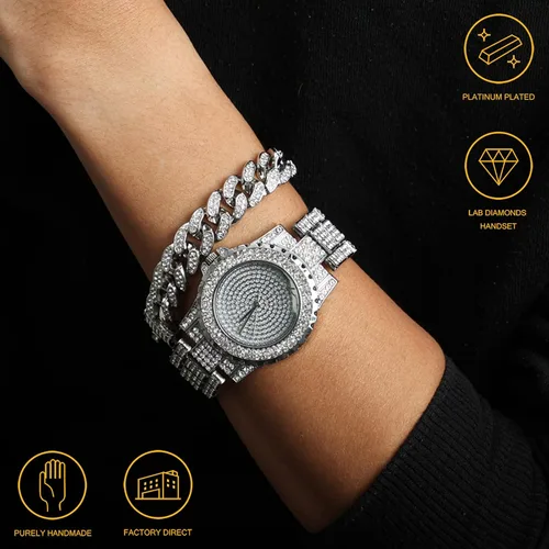 Vista 2 de Halukakah ECLIPSE - Reloj de diamantes para hombre, con diamantes completos, chapado en oro real de 18 quilates, chapado en oro blanco platino