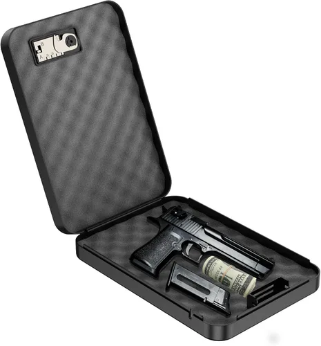 Vista 2 de Caja fuerte portátil para pistola pequeña con cerradura de combinación, segura para pistola para automóvil, hogar, viajes, 9.4 x 6.6 x 1.8 pulgadas