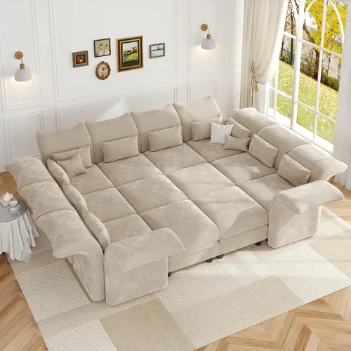 Vista 17 de LLappuil Sofá seccional beige con almacenamiento, sofás modulares de pana para sala de estar con apoyabrazos ajustables, cojines de felpa gruesos, 6