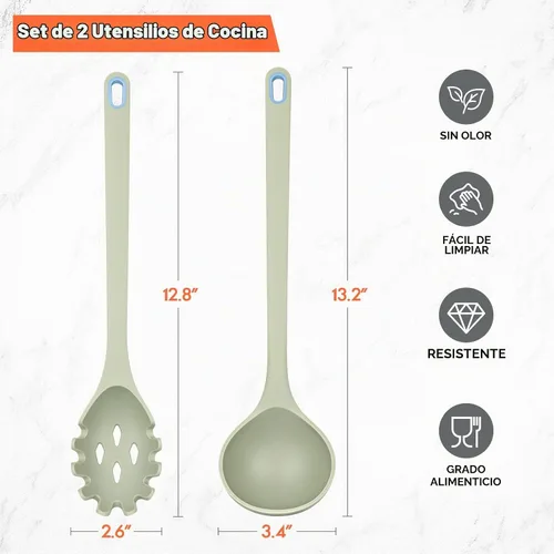 Vista 6 de Juego de 2 utensilios de cocina de silicona para espaguetis y cucharón de Verde