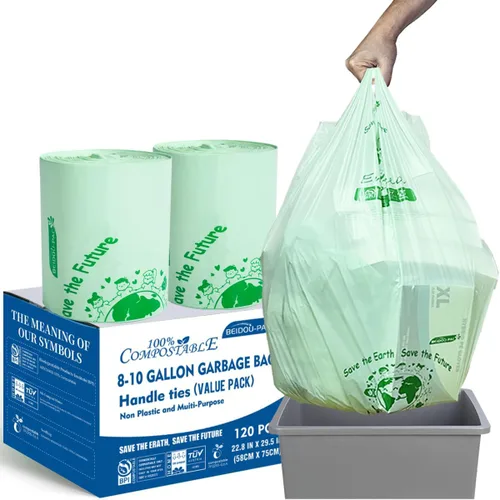 Vista 11 de BEIDOU-PAC Bolsas de basura compostables certificadas de 1.6 galones con asa, 125 bolsas de basura pequeñas de compost para cocina, bolsas de basura