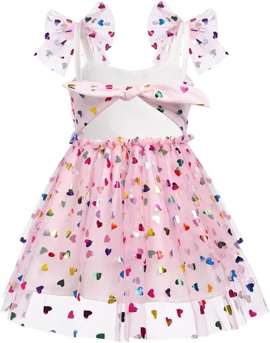 Vista 6 de Vestido de tul para niña pequeña con lentejuelas de lunares y mangas de malla con volantes, vestido de fiesta de cumpleaños para invitada de boda