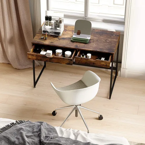 Vista 5 de Bestier Escritorio rectangular pequeño para oficina, estación de trabajo, tocador, maquillaje, estilo simple, minimalista, elegante, con 2 cajones