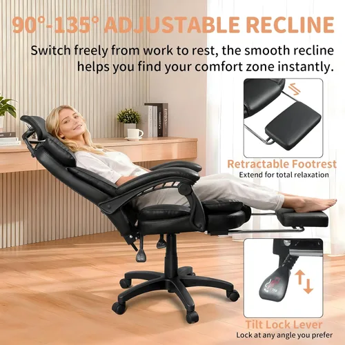 Vista 4 de Silla de oficina grande y alta, cómoda silla ergonómica de cuero para computadora con reposacabezas, respaldo alto, silla ejecutiva reclinable