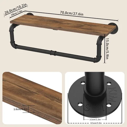 Vista 3 de Perchero Industrial de Tubería, Perchero de Ropa de Hierro Resistente Montado en Pared para Colgar Ropa, Estante con Barra para Colgar
