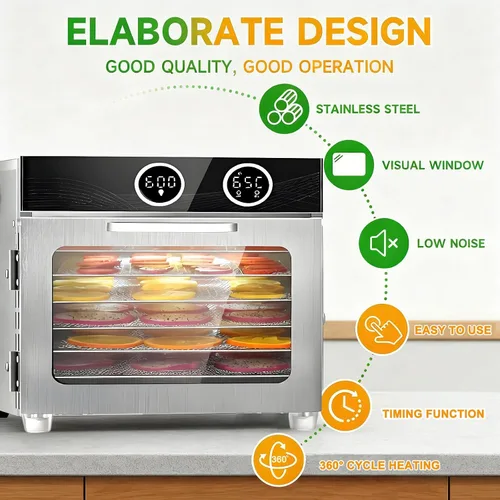 Vista 2 de Food Dehydrator Fruit Dryer Machine, Adjustable Temperature & 12H Timer Dehydrator Machine with 8 Stainless Steel Trays, 800W Jerky Dehydrator for