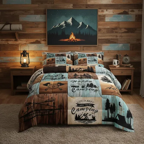 Vista 29 de Juego de ropa de cama con temática de cámper, juego de edredón de cabaña de madera marrón y verde, tamaño matrimonial, 3 piezas, decoración de Multi