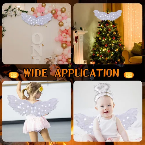 Vista 8 de Alas de ángel y halo LED de Halloween, alas de cupido de hadas blancas con halo de ángel iluminado para niñas, niños, adultos, mujeres, disfraz