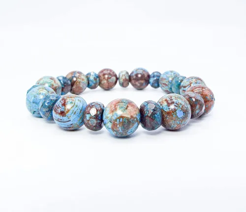 Vista 3 de Cynthia Lynn "SUNLIGHT MESA" Blue and Brown Calsilica Beaded Rhodium Silver Bib Cleopatra Necklace