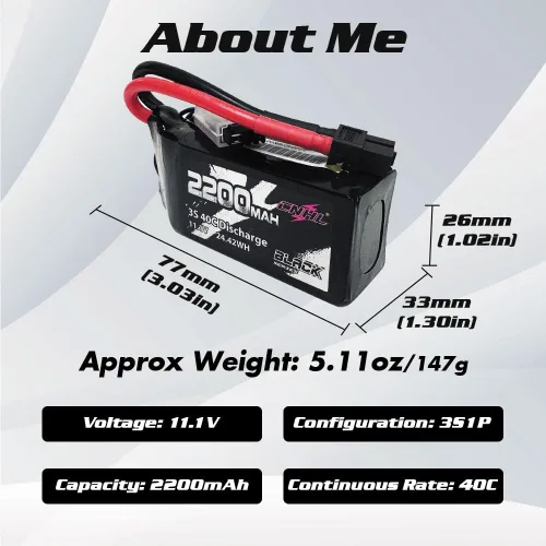 Vista 3 de CNHL Batería Lipo de 2200 mAh 3S 40C 11.1V Shorty Lipo Batería con enchufe XT60 para RC Avión Coche Helicóptero FPV Drone Truggy Truck Crawler