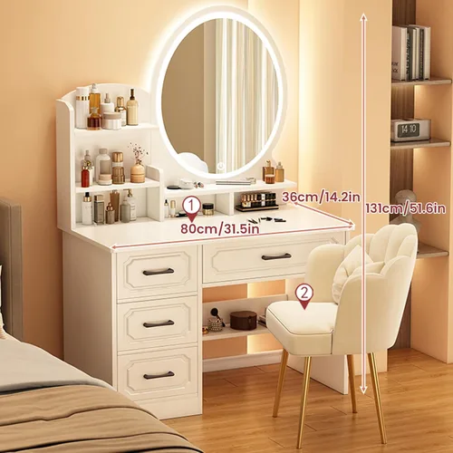 Vista 2 de Escritorio de maquillaje con espejo y luces, moderno escritorio de maquillaje para dormitorio, con mucho almacenamiento, 3 modos de iluminación