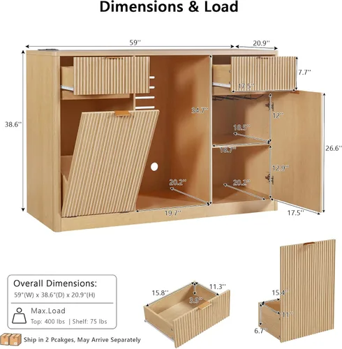 Vista 3 de RUNNA Barra de café de 59" con espacio para refrigerador y estación de carga (Natural#12)