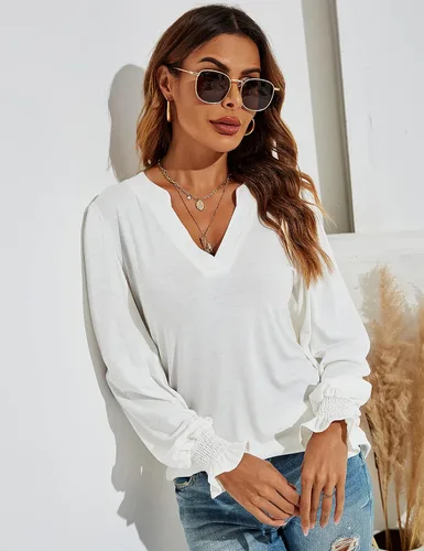 Vista 2 de Romanstii Camisetas casuales con cuello en V para mujer, blusas sueltas de manga larga abombada, plateado
