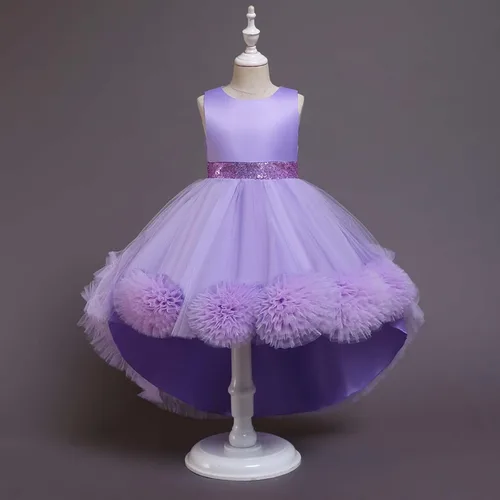 Vista 3 de Vestido de princesa para niñas para boda, fiesta de cumpleaños, vestido de tul alto bajo, vestido de baile de lentejuelas con tren