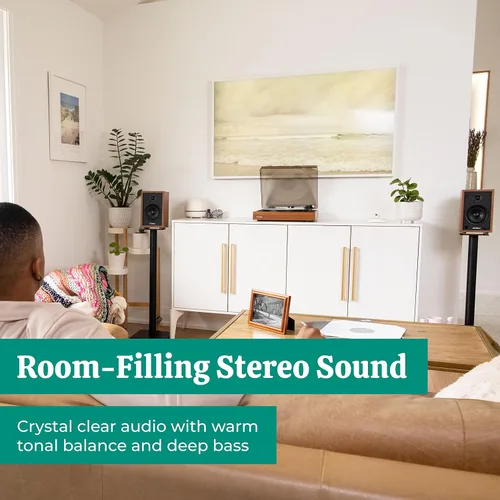 Vista 4 de Electrohome Montrose Record Player Stereo System, 4" Bluetooth Powered Bookshelf Speakers, Belt-Drive Bluetooth Turntable with Audio-Technica Teak