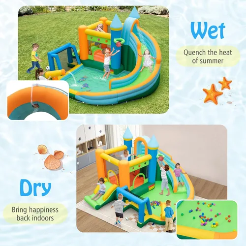 Vista 2 de BOUNTECH Tobogán acuático inflable, castillo de salto de agua 9 en 1 para niños con soplador, toboganes dobles, pelotas oceánicas, puerta de fútbol