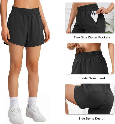 Vista 3 de Pantalones cortos deportivos para correr de 5 pulgadas para mujer, cintura alta, de secado rápido, ligeros, con bolsillo con cremallera, UPF 50+