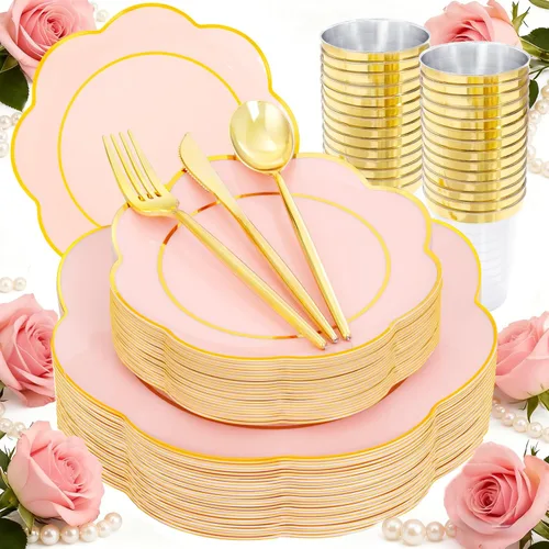 Vista 10 de ejonirinjonir EI - 180 platos de plástico beige con cubiertos de plástico dorado, platos desechables de alta resistencia para fiestas, juego