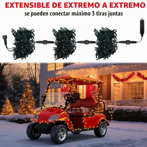Vista 2 de Aurelema Guirnalda de luces LED de Navidad de 12 V, 33 pies, 100 luces LED para coche, decoraciones para carrito de golf, cadena de luz amarilla