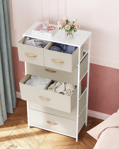 Vista 2 de Crestlive Products Cómoda para dormitorio, torre de almacenamiento alta y delgada, marco de acero resistente, parte superior de madera, cubos