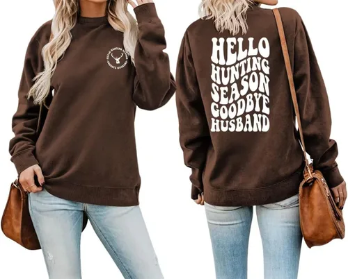 Vista 37 de DUDIHOHX Hello Hunting Season Goodbye Husband - Sudadera de manga larga con estampado de moda, casual, cuello redondo