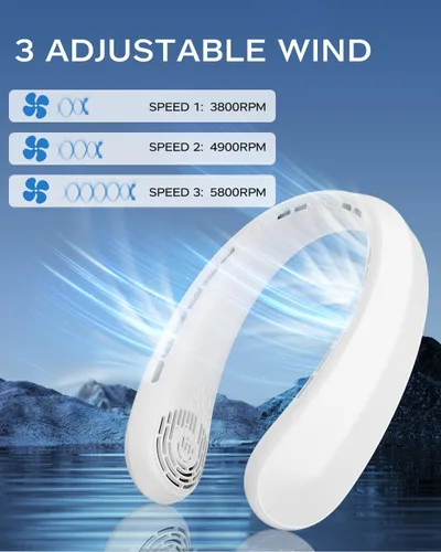 Vista 4 de Ventilador de cuello, ventilador portátil alrededor del cuello, ventilador personal de 5200 mAh con batería recargable por USB, 3 velocidades