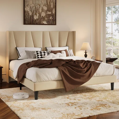Vista 8 de HOOMIC Base de cama tapizada King con cabecero, color beige Beige claro