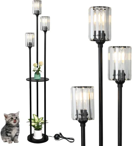 Vista 10 de HMVPL Lámparas de pie doradas para sala de estar, lámpara de pie moderna con estantes, lámparas de pie de cristal con mesa, lámpara alta de latón