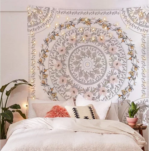 Vista 2 de Simpkeely Tapiz de medallón floral esbozado, tapiz colgante de pared con mandala bohemio, mural de impresión de arte indio para dormitorio, sala