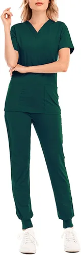 Vista 4 de Conjunto de uniforme médico para mujer, elástico en 4 direcciones, bolsillos ligeros, cuello en V, conjunto de uniforme médico con cordón elástico