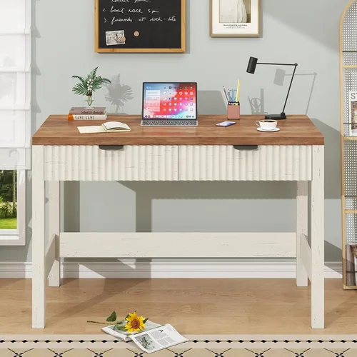 Vista 3 de YOMILUVE Escritorio estriado para computadora con 2 cajones, escritorio pequeño de computadora de 39 pulgadas con almacenamiento, escritorio Blanco