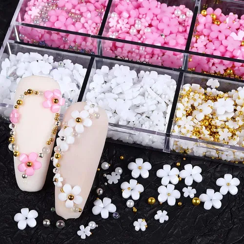 Vista 7 de Abalorios de uñas de flores 3D, 2 cajas de acrílico 3D de flores de arte de uñas y gemas blancas y rosas mezcladas con diamantes de imitación