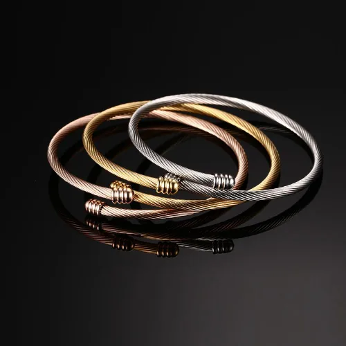 Vista 4 de Brazalete trenzado de acero inoxidable triple 3 con alambre de cable apilable para mujer, ororosaplata, Acero inoxidable